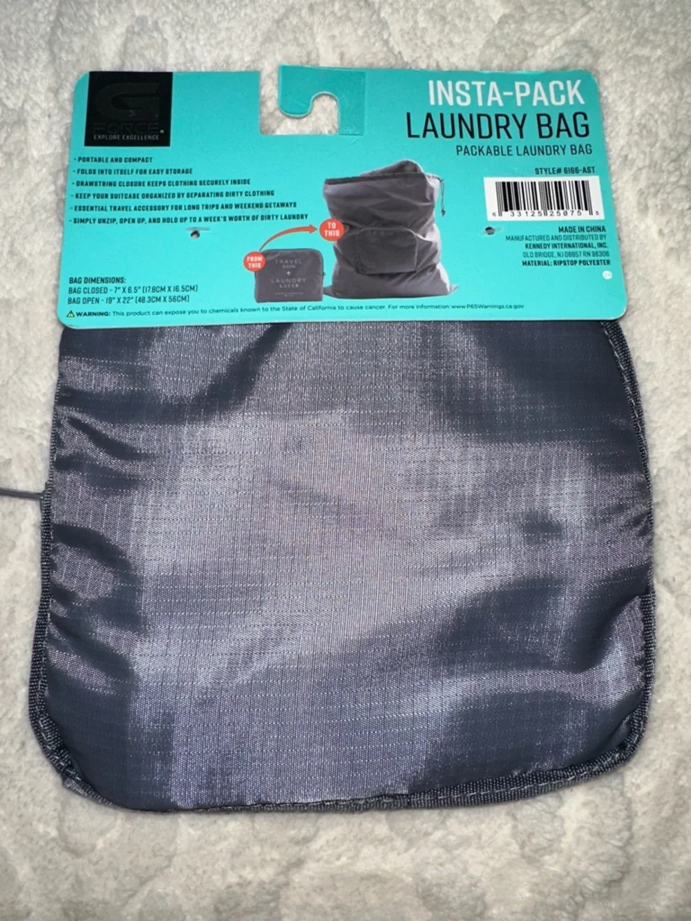 GFORCE Gray White “Travel Now Laundry Later” Zip Foldable Travel Laundry Bag